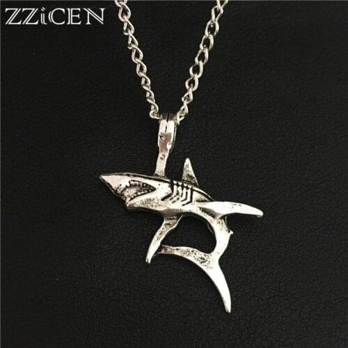 New Stylish Punk Sea Ocean Animal Jewelry Gift for Women Men Antique Jaws Big White Shark Pendant 60CM 24" Chain Necklace