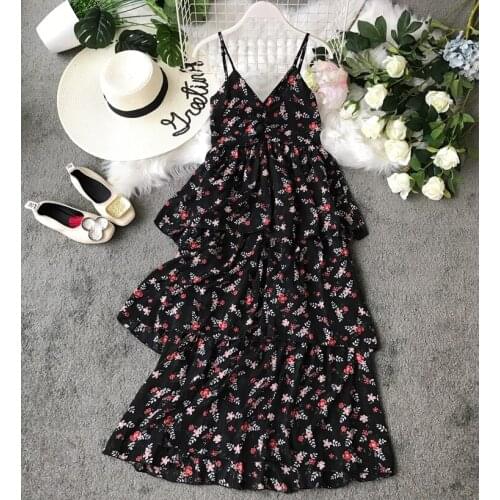 Womens summer vintage sleeveless backless print chiffon dress female casual medium long chic beach vacation dress TB1204