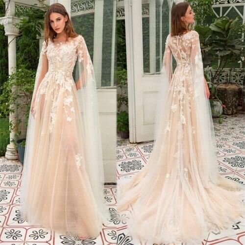 Champagne Muslim Mermaid Wedding Dresses with Cape Lace Appliques Dubai Saudi Arabic Bridal Gowns Vestidos De Novia Bride Dress