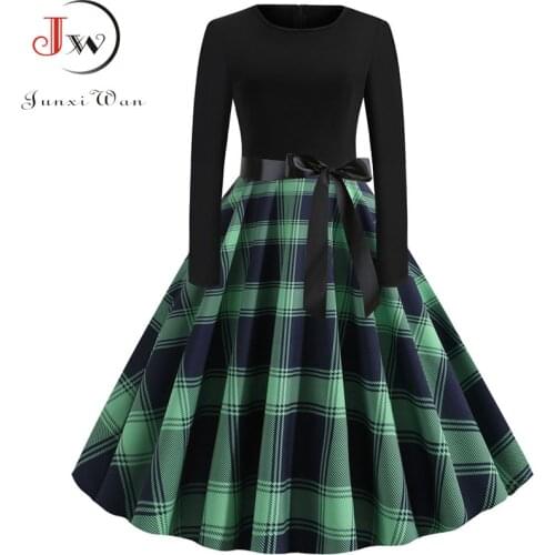 Women Long Sleeve Plaid Print Winter Dress Casual Black Patchwork Vintage Rockabilly Dress Robe Slim Elegant Party vestidos