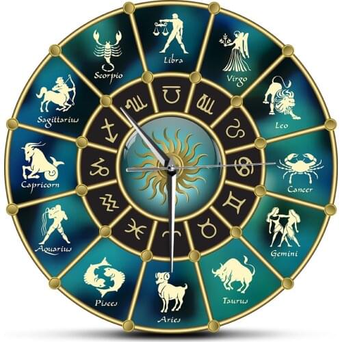 Signs of Zodiac Acrylic Mute Gold Blue Horoscope Circle with Wall Clock Constellation Astrology Symbol Home Decor Wall Watch