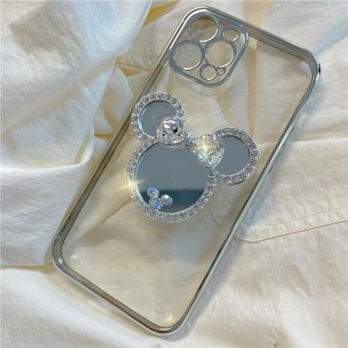 12 Pro Luxury Diamond Glitter Micky Mirror Holder Plated Case for iPhone 12 Pro Max 11 XR X XS SE 2020 7 Plus 8 Silicone Cover