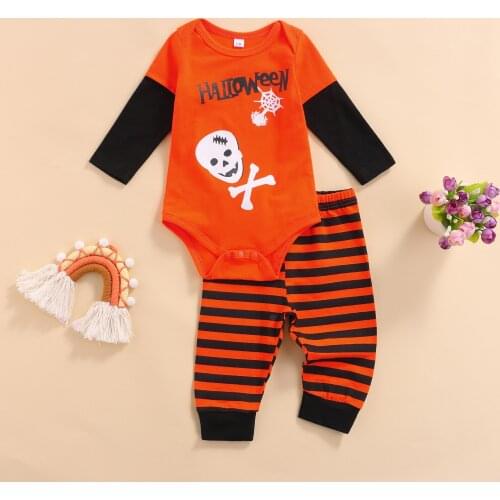 0-24 months letter full sleeve halloween set Baby Boys 2Pcs Halloween Outfits Skull Letter Print Romper + Striped Pants Set