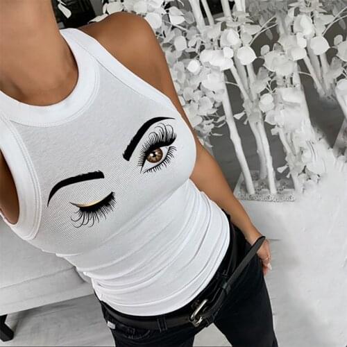2021 Summer Women O Neck Eyelash Print Sexy Sleeveless Kawaii ClubWear White Sister T-Shirts Casual Tight Ladies Sexy Tank Tops