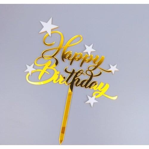 Happy Birthday Acrylic Cake Topper Gold Stars Hand Writing Cake Topper For Kids Birthday Party Cake Decorations Baby Shower
