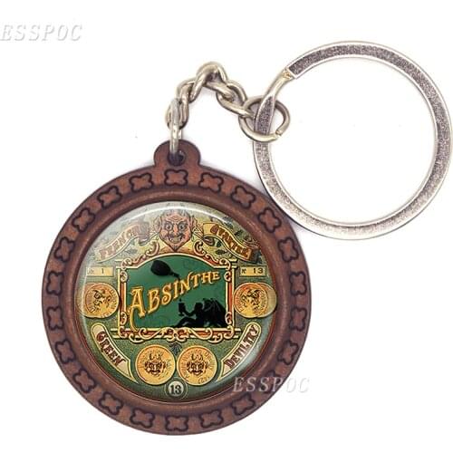 Green Devil Absinthe Keychain Wood Black Cat Pumpkin Wood Crafts