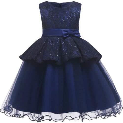 Elegant New Arrival Flower Girls Dresses Children Navy Blue Sleeveless Tulle Party Wedding Dresses Fashion Kids Clothes