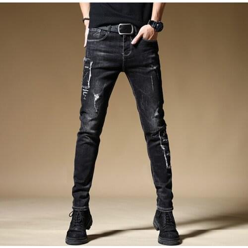 Free shipping new fashion male mens Jeans brand spring autumn stretch black personality slim Korean straight-leg pants trouser