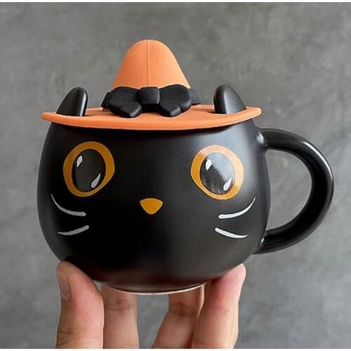 New 300mL Personalized 3D Cute Mysterious Black Cat Coffee Mug with Lid and Spoon Creative Halloween Ceramic Cup Gift for Friend