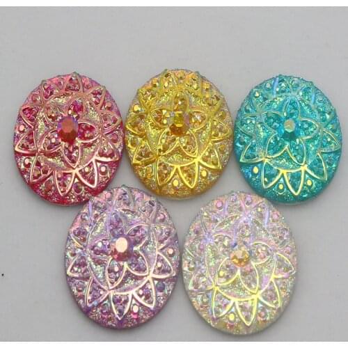 50 Flatback Resin Sparkling Glitter Rhinestone Flower Round Cabochons 20mm