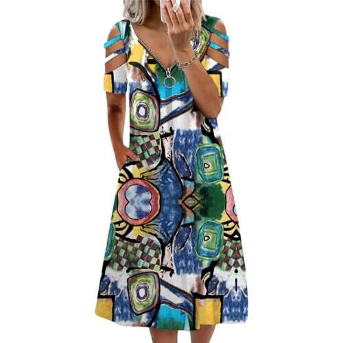 Summer Women Dress Casual Hollow Out Loose Vintage Plus Size Women Sundress Zipper V Neck Off Shoulder Sexy Women Dresses