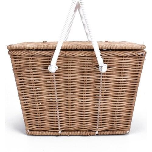 Cute Summer Bell Piki Basket Natural Vintage Rattan Woven Portable Picnic Basket Multifunctional Storage Box
