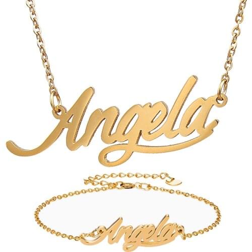 Fashion Stainless Steel Name Necklace + Bracelet Set " Angela " Script Letter Gold Choker Chain Necklace Pendant Nameplate Gift