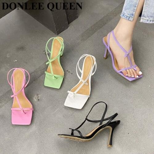 Fashion Brand Sandals Women High Heels Ankle Strap Gladiator Shoes Women Narrow Band Back Strap Candy Color Sandal Zapatos Mujer