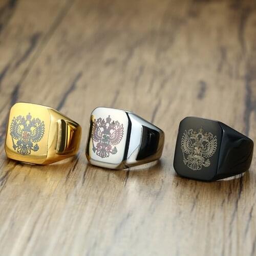 Vnox Russian National Emblem Men Signet Ring Double-headed Eagle Stainless Steel Male Band Domineering Fraternal Rings