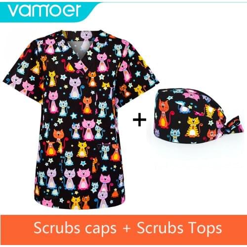 Scrub tops Nursing Women Nurse work uniform Medicos Para Mujer wholesale S-XXL cat Printing Cotton scrubs uniforms