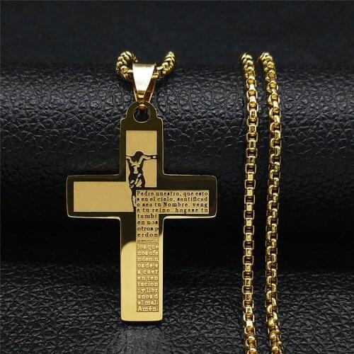 Stainless Steel Bible Jesus Cross Gold Color Chain Necklace Women/Men Long Pendant Necklace Jewelry collares hombre N4503S05