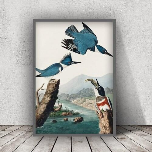 Blue Birds Poster Print Vintage Bird Illustration Wall Art Canvas Painting Large Bird Animal Picture for Living Room Home Decor
