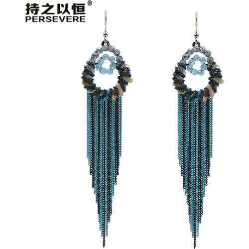 Handmade Crystal Beaded Double Circle Long Chain Tassel Earrings For Women Geometric Beach Bohemian Earrings Party Wedding Gift