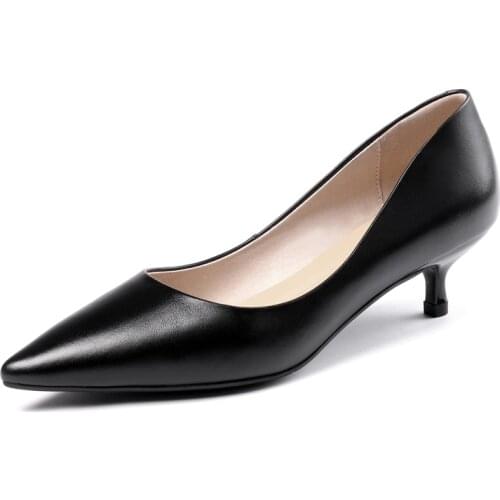 Spring Women Pumps Elegant Sexy Office lady Genuine Cow Leather Sheepskin Inside Black Beige Pointed Toe Thin Mid Heels G339