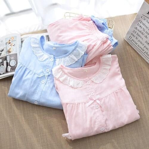 2021 Spring and Autumn Fashion Ladies Cotton Bamboo Cotton Home Clothes Long-sleeved Trousers Lace Pajamas Suit Women