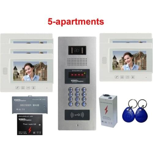 ZHUDELE New Top Quality Home Security Intercom System 7"Video Door Phone For Building 5-Apartments w/t ID Card&Password Unlockin