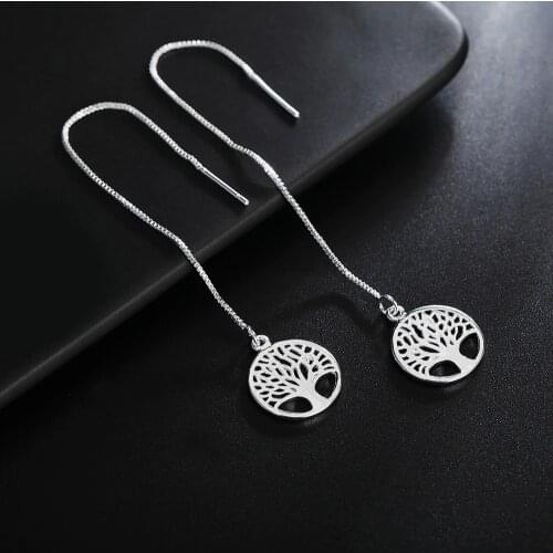 WQQCR Brand 925 Silver Color Womens Tree of Life Long Box Thin Chain Linear Earrings Jewelry Gift Fashion Drop Earrings