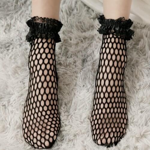 Japanese Fahsion Women Lace Socks Cute Lolita Girls Fishnet Socks Evening Party Dress Wear Black Hollow Out Ruffle Sock Female