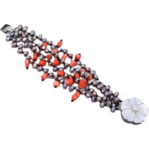 GG Jewelry 8" 4 Strands Freshwater Rice Shape Black Pearl Orange Coral Bracelet Handmade For Women