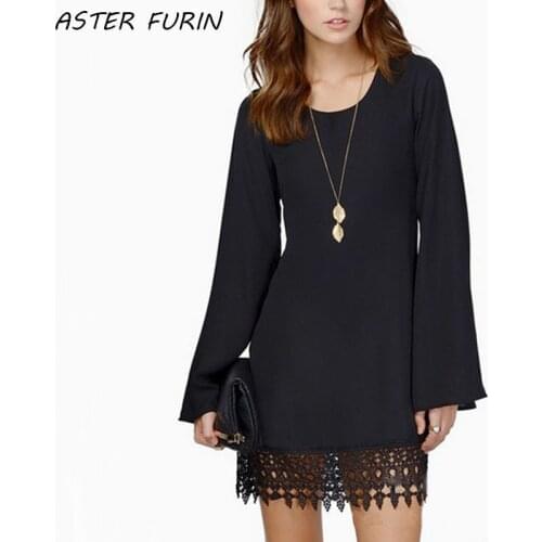 Women Chiffon Lace Long-Sleeve O-Neck Work Style Solid Color Mini Dresses