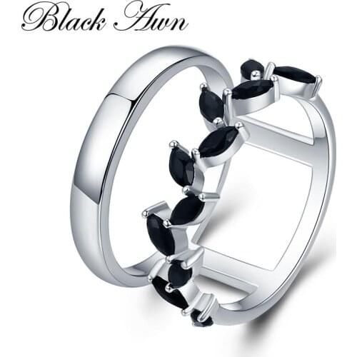 Hyperbole 3.7g 925 Sterling Silver Fine Jewelry Trendy Engagement Bague Black Spinel Leaf Womens Wedding Ring Bijoux Femme G001