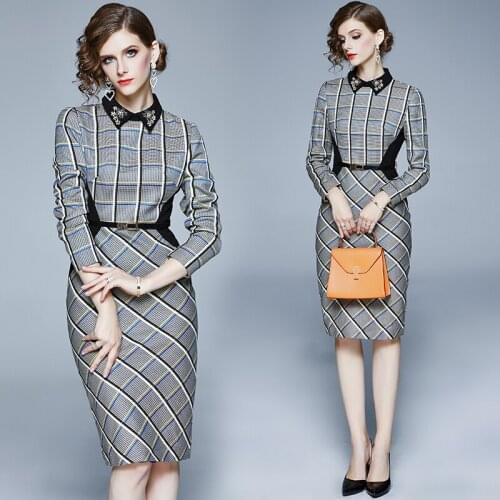 Womens Spring and Autumn New Woolen Printed Plaid Lapel Beaded Long Sleeve Package Hip Pencil Dress Slim-Fit