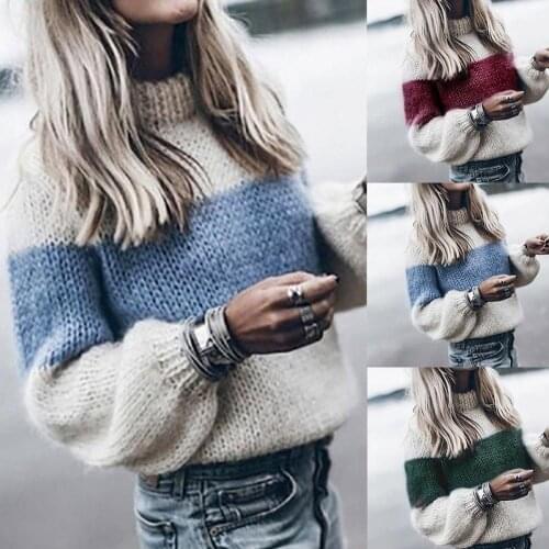 2019 Women Autumn Winter Casual O Neck Color Block Patchwork Loose Knitted Sweater Pullover Knitting Sweater Ladies Sweaters