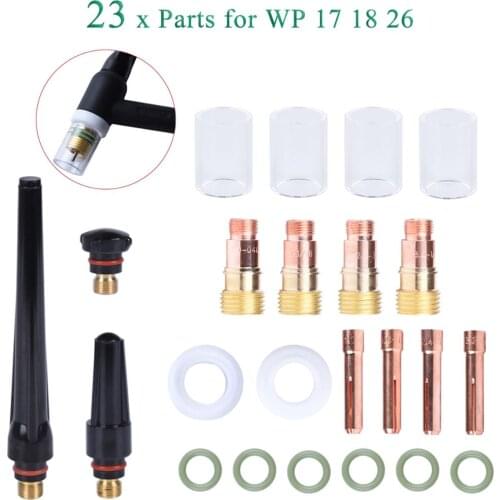 23Pcs TIG Welding Torch Stubby Gas Lens For WP17 WP18 WP26 TIG Back Cap Collet Bodies Spares Kit Pyrex Glass Cup Accessories
