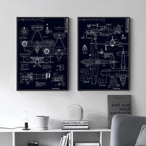 Abstract Aircraft Structure Drawing Poster Wall Art Canvas Painting Black and White Plane Wall Posters and Prints for Home Decor