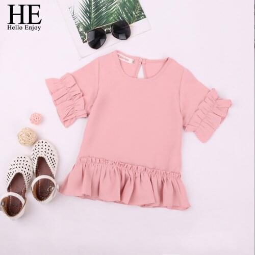 HE Hello Enjoy Baby Girl Clothes Tops 2020 Summer Chiffon Solid Ruffle Sleeve T Shirt Pink Children Casual Clothes Kids Clothing