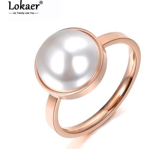 Lokaer Office Style 316L Stainless Steel Engagement Ring Simulated Pearl Half Ball Design Jewelry For Women Lady Gift R18044