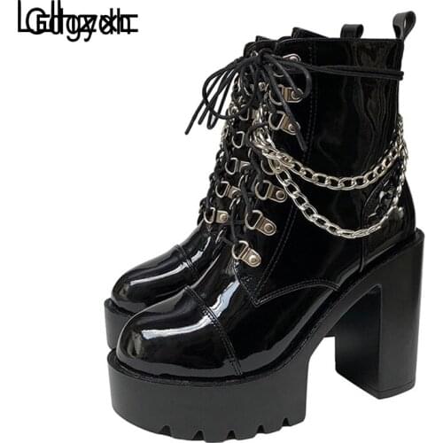 LDHZXC 2020 Winter Gothic Women Ankle Boots high heels Fashion Metal Chain Patent Leather Female Short Punk Style Ladies Shoes