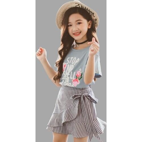 Summer girl costume suit floral shirt + striped bow skirt 2 piece set casual suit girl winter clothes girl 6 8 12 years