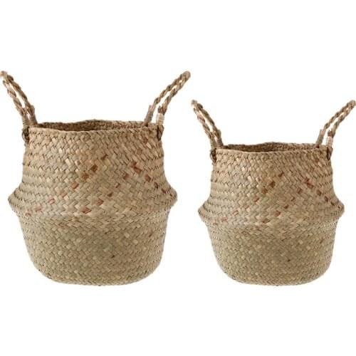 Multifunctional Handmade Foldable Woven Storage Flower Basket Seaweed Belly Household Plant Organizer Home DIY Laundry Container