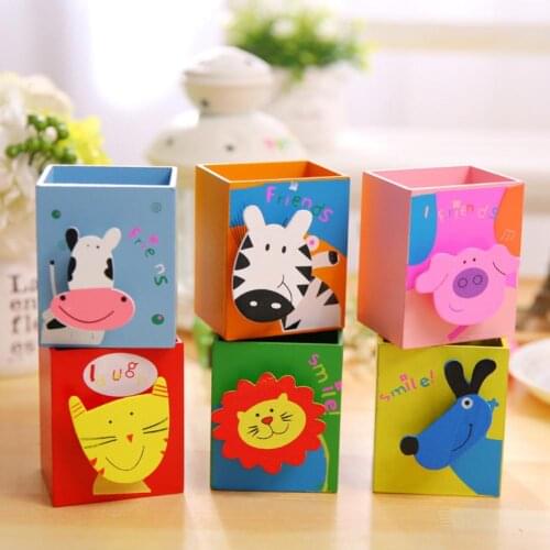 Fashion Children Cartoon Pig Animal Pattern Wooden Pen Container Pencil Holder