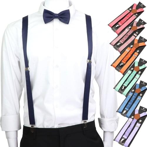 Macaron Color Men Women Suspenders Bowtie Set Fashion Soft Adjustable Y-Back Straps Orange Blue Black Wedding Ties Accessories