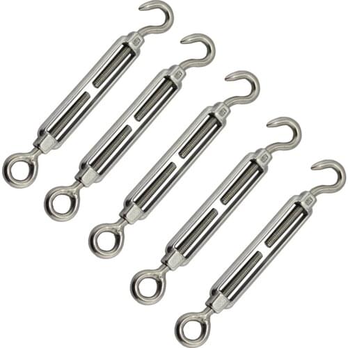 Stainless Eu Open Body Hook-Eye Turnbuckle High Polished Adjustable Wire Rope Tension M8 for Sun Shade Kits 5pcs