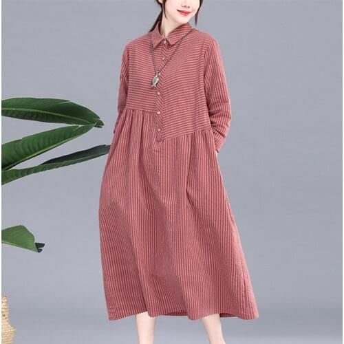 2021 New Long Sleeve Spring Dress Turn-down Collar striped Blouse Shirt Dress Cotton Linen Loose Women Dress Casual Midi Dress