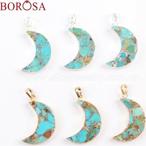 BOROSA Moon Shape Turquoises Druzy Pendant For Necklace Natural Blue Stone Necklace Charms Jewelry for Women G1682