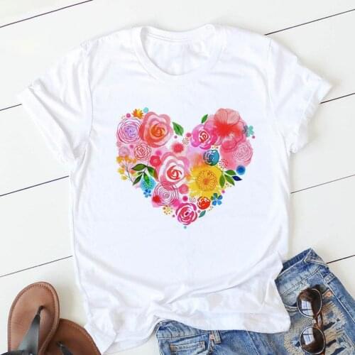 Pink heart flower female T-shirt summer cartoon printing t-shirt Harajuku graphics T-shirt retro T-shirt short-sleeved female