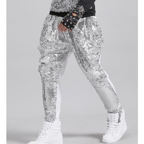 Stage personality men sequins pants harem pant men feet trousers singer dance rock fashion pantalon homme street novelty silver