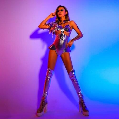 Silver Sexy Bodysuit Sci-Fi Sense Bar Gogo Dance Costumes Future Warriors Nightclub Female DJ Stage Costume Rave Clothes SL3871
