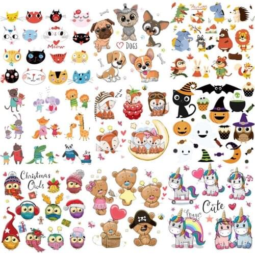 Cute Animals Iron on Patches Set for Kids Clothing DIY T-shirt Applique Heat Transfer Vinyl Unicorn Patch Stickers Thermal Press