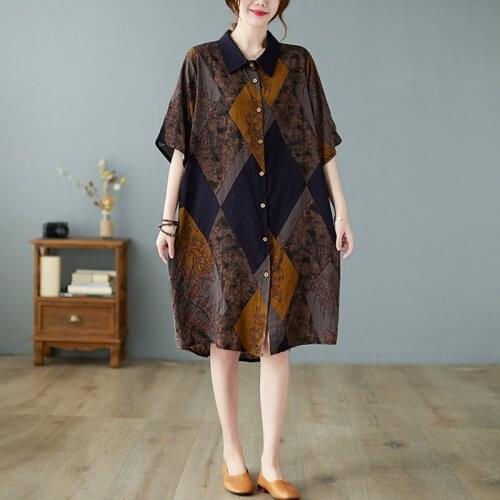 Oversized Women Cotton Linen Long Shirts New Arrival 2021 Summer Vintage Style Print Loose Comfortable Female Casual Tops B777